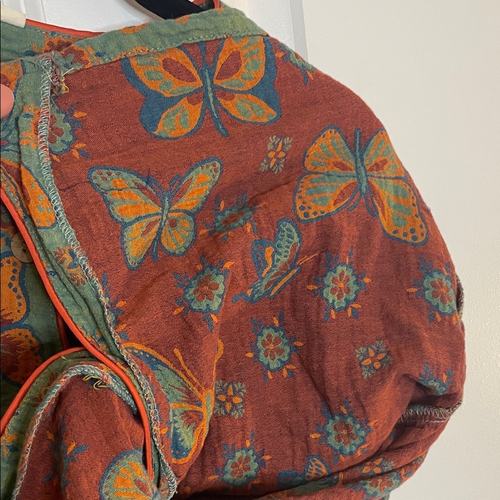 Boho Butterfly Print Cotton Blouse M Artisan Button Front Green Orange - Picture 6 of 10